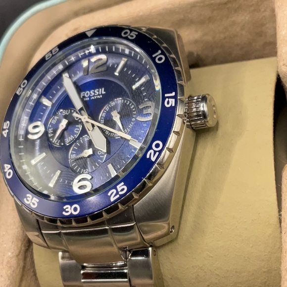 FOSSIL SPORT DIVER BQ 9373 STAINLESS BRACELET NAVY BLUE 3 EYE FACE DIAL & BEZEL - Picture 2 of 3